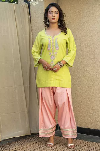 Lime green embroidered short kurta with farshi salwar and ombre dupatta