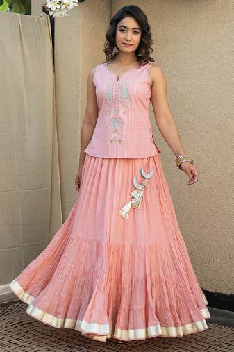 Peach embroidered top with crinkled voille skirt set