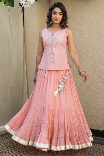 Peach embroidered top with crinkled voille skirt set