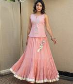 Peach embroidered top with crinkled voille skirt set