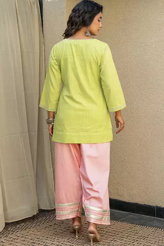Lime green embroidered short kurta with farshi salwar and ombre dupatta