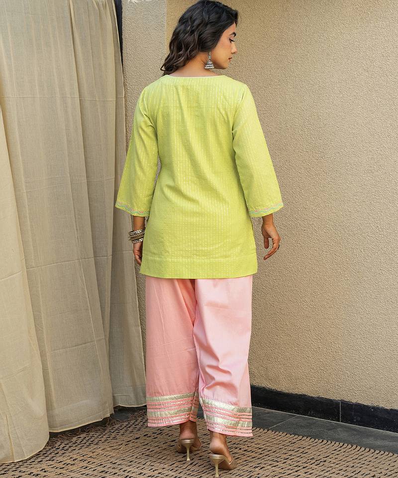 Lime green embroidered short kurta with farshi salwar and ombre dupatta