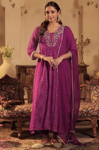 Burgundy embroidered georgette kurta trouser dupatta set