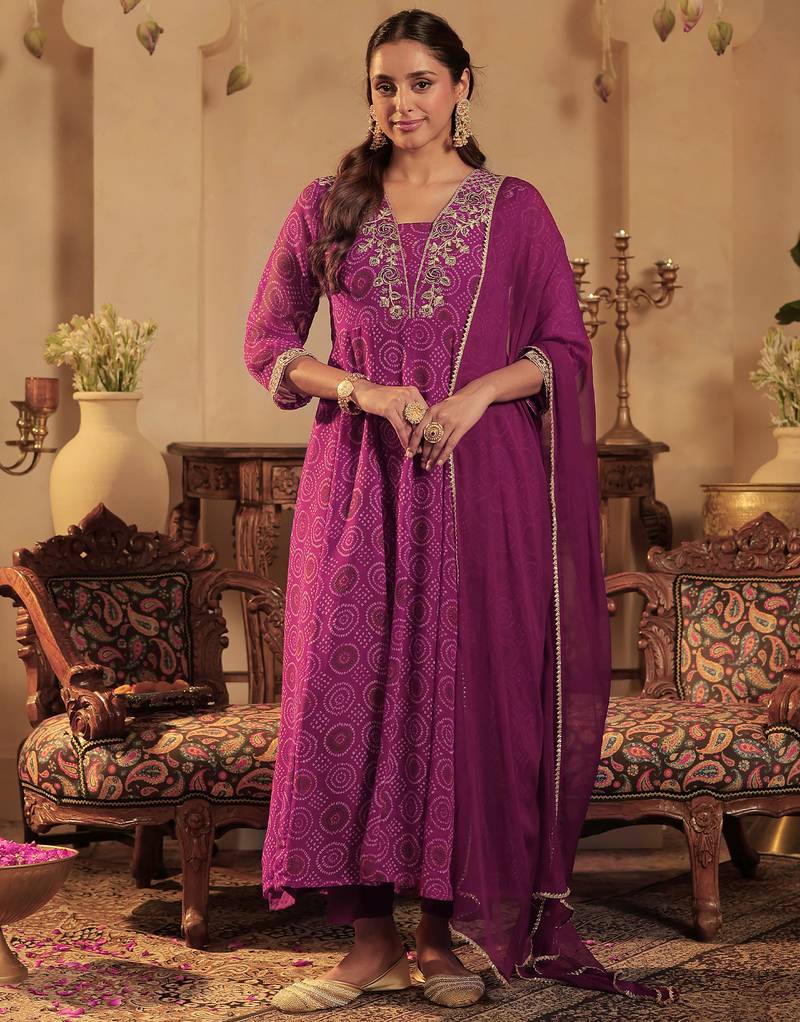 Burgundy embroidered georgette kurta trouser dupatta set