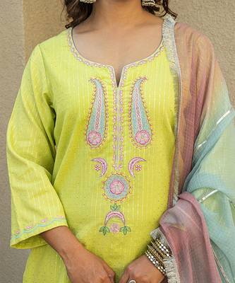 Lime green embroidered short kurta with farshi salwar and ombre dupatta 5