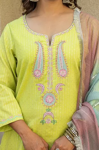Lime green embroidered short kurta with farshi salwar and ombre dupatta