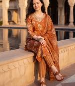 Orange printed cotton blend kurta trouser dupatta set