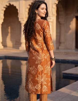 Orange printed cotton blend kurta trouser dupatta set 2