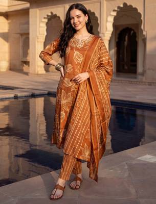 Orange printed cotton blend kurta trouser dupatta set 4