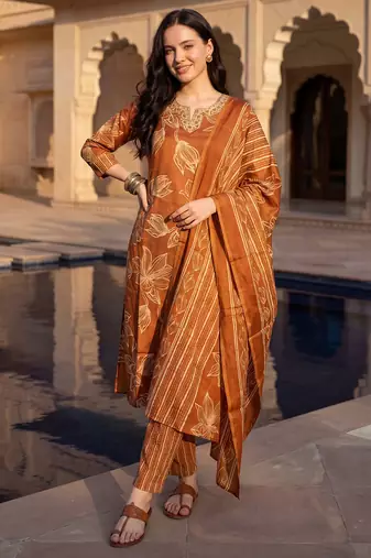 Orange printed cotton blend kurta trouser dupatta set