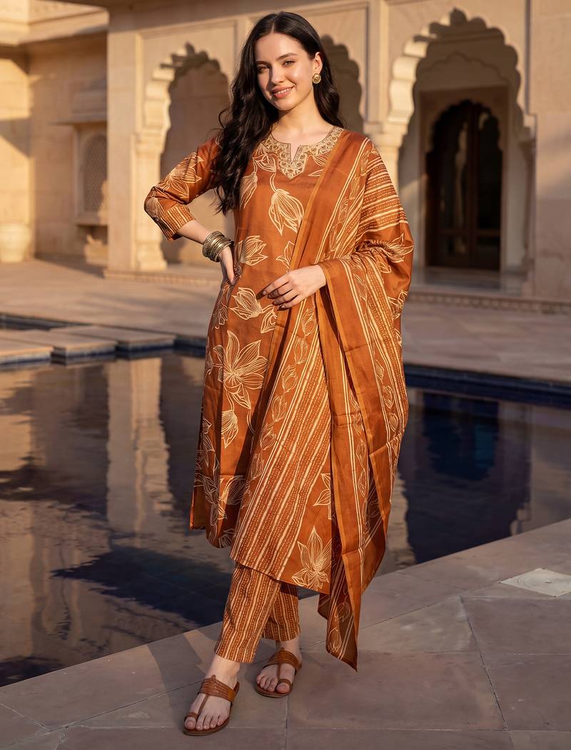 Orange printed cotton blend kurta trouser dupatta set