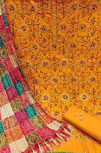 floral embroidered mirror work unstitched dress material