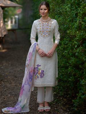 Off white embroidered pure cotton kurta trouser dupatta set 1
