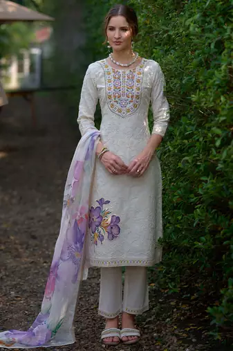 Off white embroidered pure cotton kurta trouser dupatta set