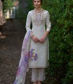 Off white embroidered pure cotton kurta trouser dupatta set