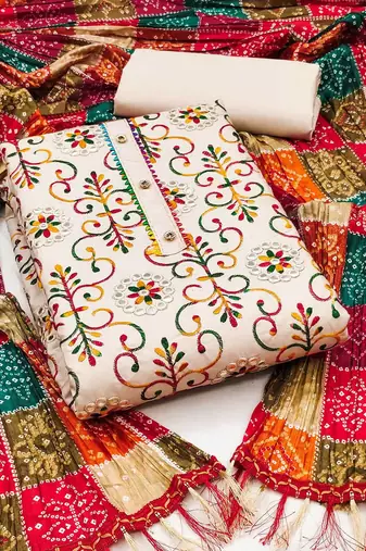 floral embroidered mirror work unstitched dress material