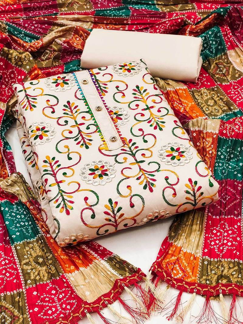 Floral Embroidered Mirror Work Unstitched Dress Material