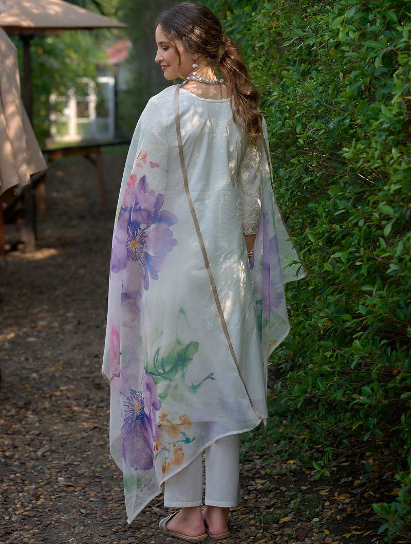 Off white embroidered pure cotton kurta trouser dupatta set