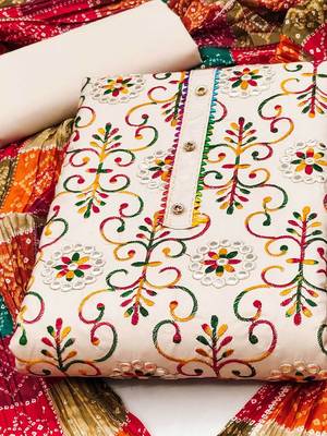 floral embroidered mirror work unstitched dress material 2
