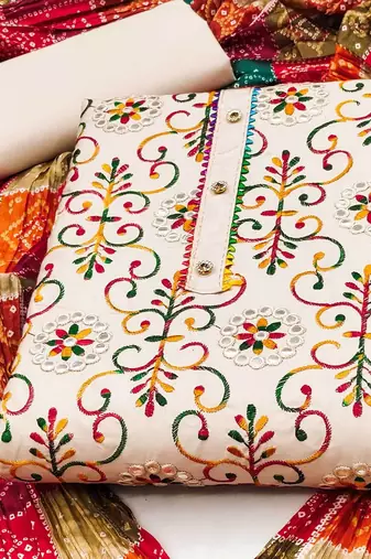 floral embroidered mirror work unstitched dress material