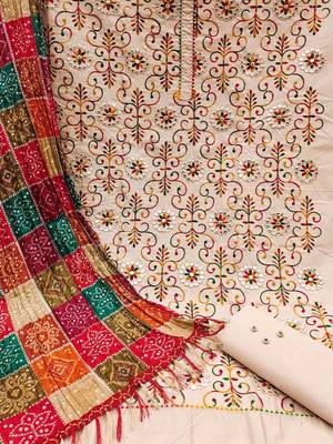 floral embroidered mirror work unstitched dress material 3