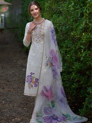 Off white embroidered pure cotton kurta trouser dupatta set 4