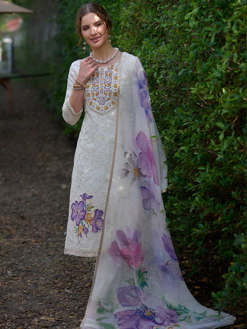 Off white embroidered pure cotton kurta trouser dupatta set