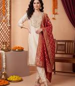 Off white embroidered silk blend kurta trouser dupatta set
