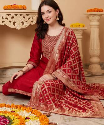 Maroon embroidered silk blend kurta trouser dupatta set 1