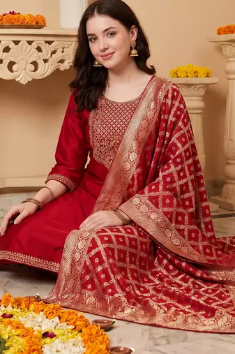 Maroon embroidered silk blend kurta trouser dupatta set