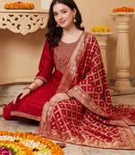Maroon embroidered silk blend kurta trouser dupatta set
