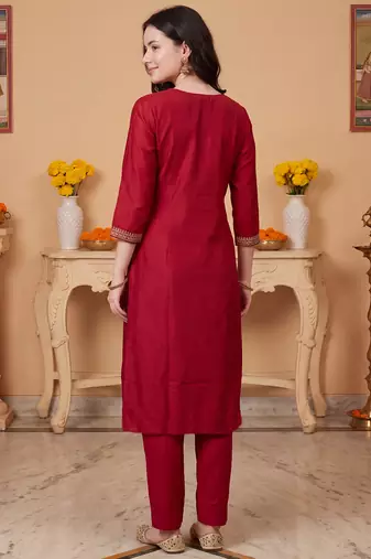 Maroon embroidered silk blend kurta trouser dupatta set