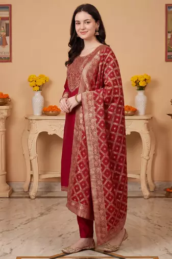 Maroon embroidered silk blend kurta trouser dupatta set