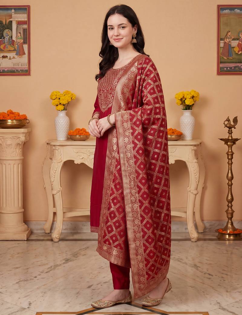Maroon embroidered silk blend kurta trouser dupatta set