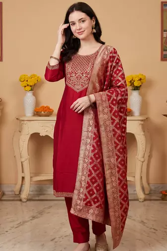 Maroon embroidered silk blend kurta trouser dupatta set