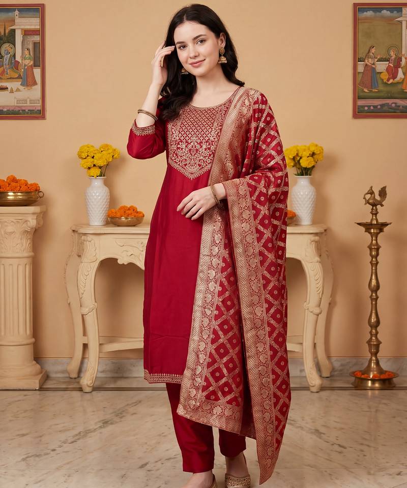 Maroon embroidered silk blend kurta trouser dupatta set