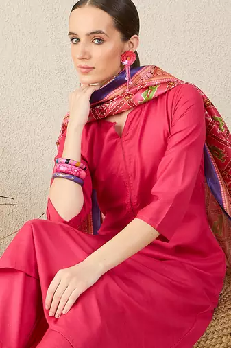Pink solid cotton blend kurta trouser dupatta set
