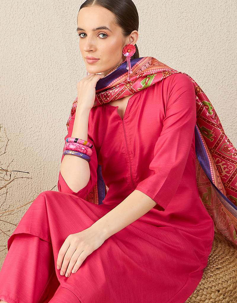 Pink solid cotton blend kurta trouser dupatta set