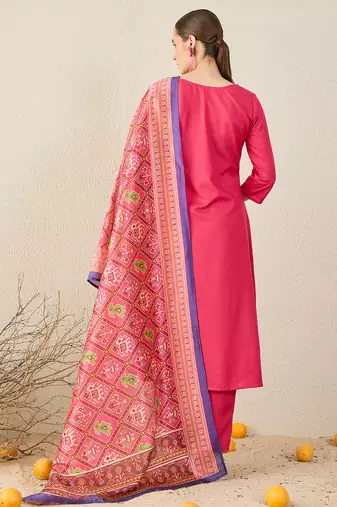 Pink solid cotton blend kurta trouser dupatta set