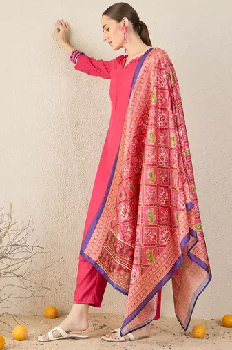 Pink solid cotton blend kurta trouser dupatta set