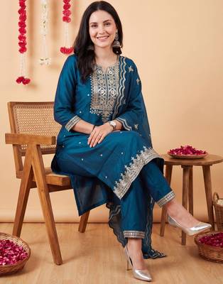 Teal embroidered chinon kurta trouser dupatta set 1