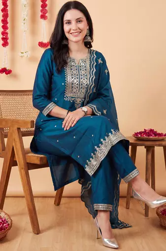 Teal embroidered chinon kurta trouser dupatta set