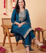 Teal embroidered chinon kurta trouser dupatta set