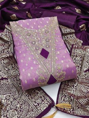 Lavender Simmer Silk Jacquard With Embroidery Work Unstitched Dress Material 1
