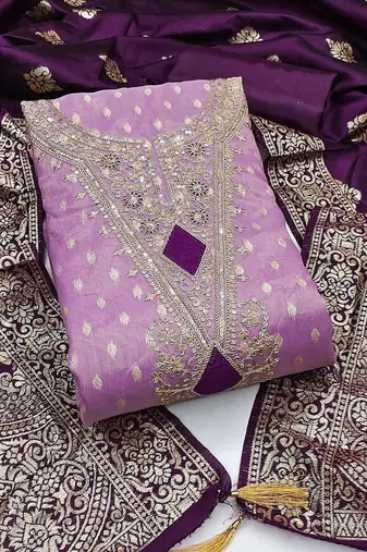 lavender ` silk jacquard with embroidery work unstitched dress material