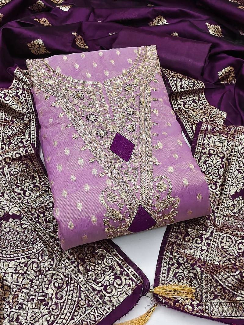 Lavender Simmer Silk Jacquard With Embroidery Work Unstitched Dress Material