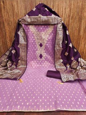 Lavender Simmer Silk Jacquard With Embroidery Work Unstitched Dress Material 3