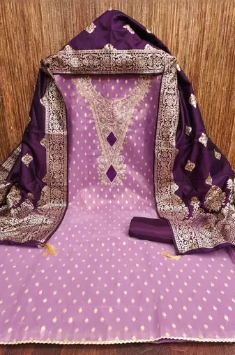 lavender ` silk jacquard with embroidery work unstitched dress material