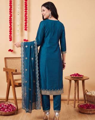 Teal embroidered chinon kurta trouser dupatta set 2