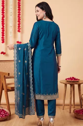 Teal embroidered chinon kurta trouser dupatta set